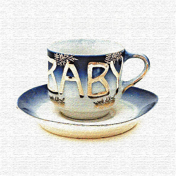 Antique Tea Cup & Saucer - Gold BABY Art Nouveau Typography - Vintage Fine China - Rare Handcrafted Deep Cobalt Blue - Teacup Set