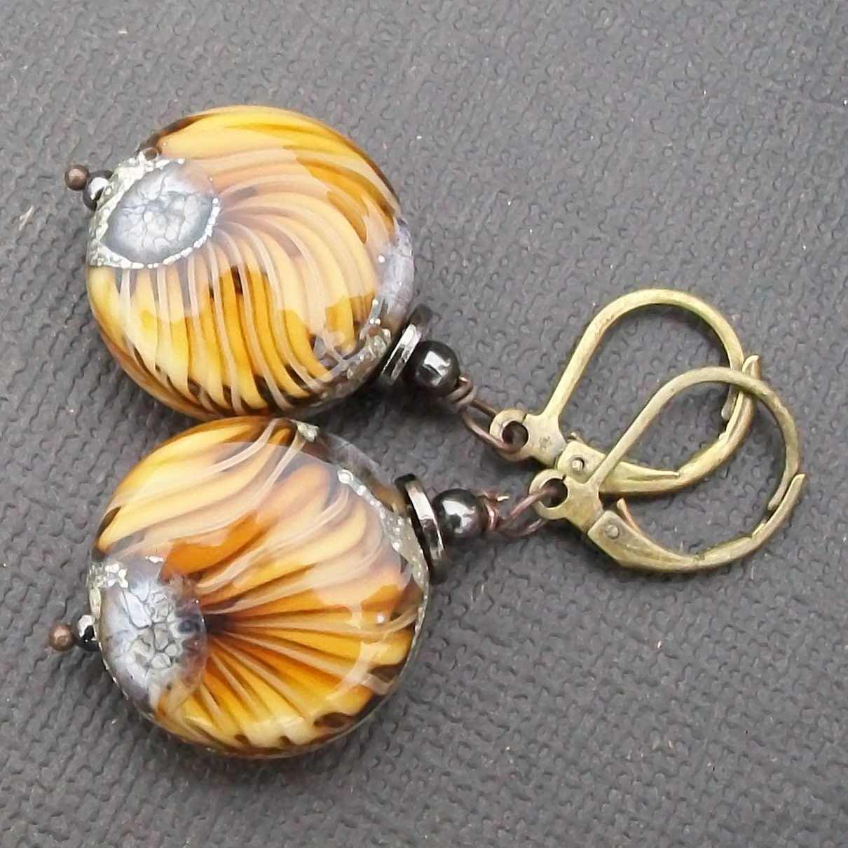 lampwork earrings  beautiful golden beribboned bead- sunflowers
