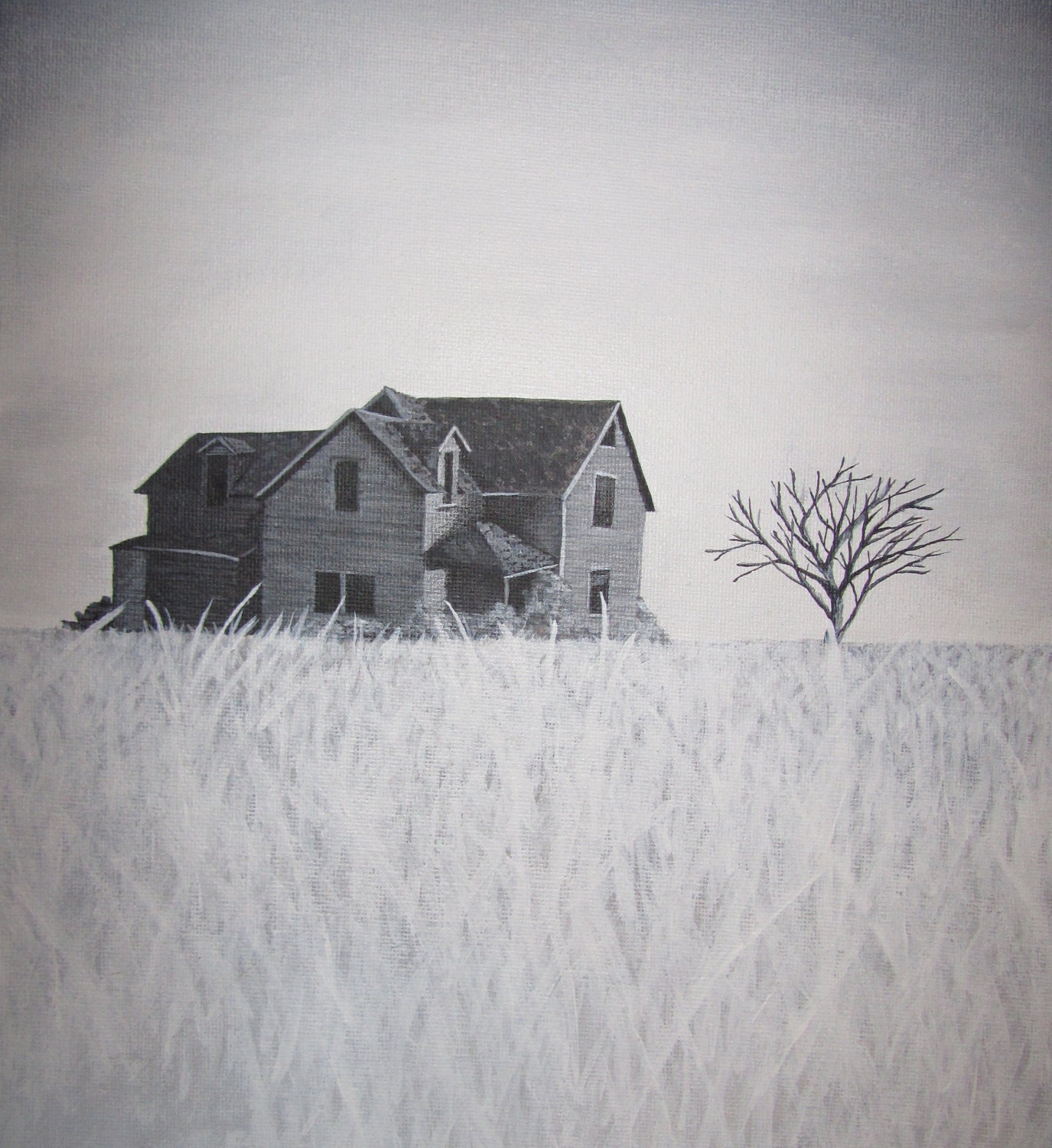 Farmhouse in Black and White Acrylic Paint Print, 8.5x9.5 Art Print, Field with House and Tree
