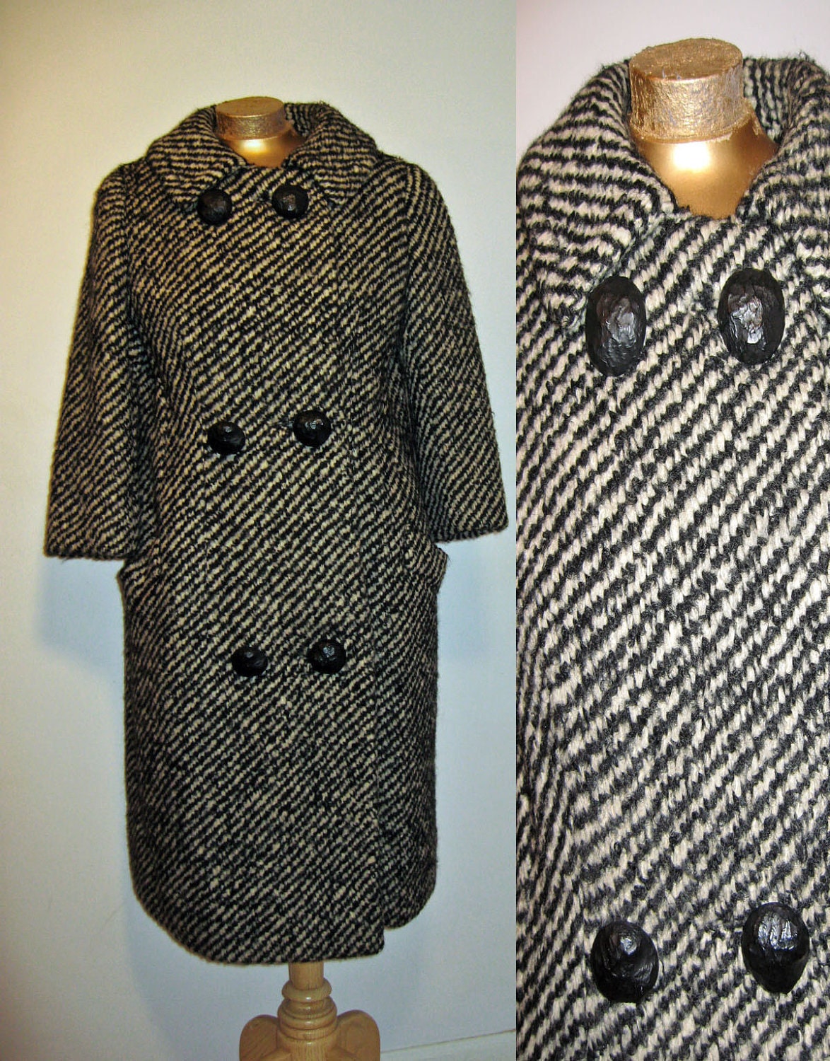 vintage 1960s coat black wool tweed ORIGINALA coat S M
