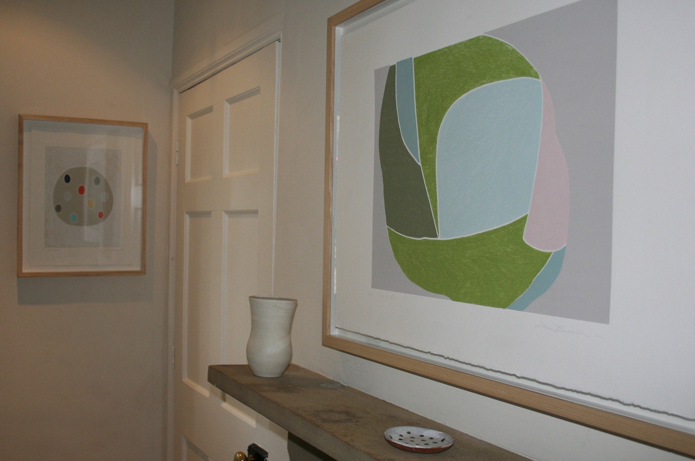 Camellia Bud - a large abstract original screenprint in green, blue, pink and grey. lovely modern botanical