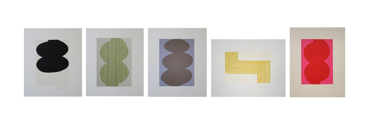Set of five 10 x 12" original, handmade screenprints in bold abstract shapes on finest quality acid free papers.