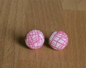 White with Pink Lines Fabric Button Earrings