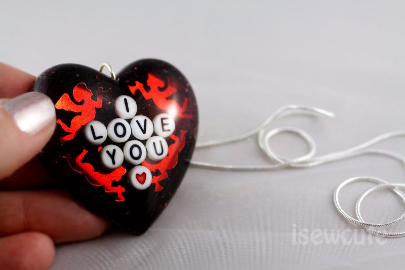I Love You One of a Kind Big Resin Glitter Heart Pendant Necklace With Cupid by isewcute