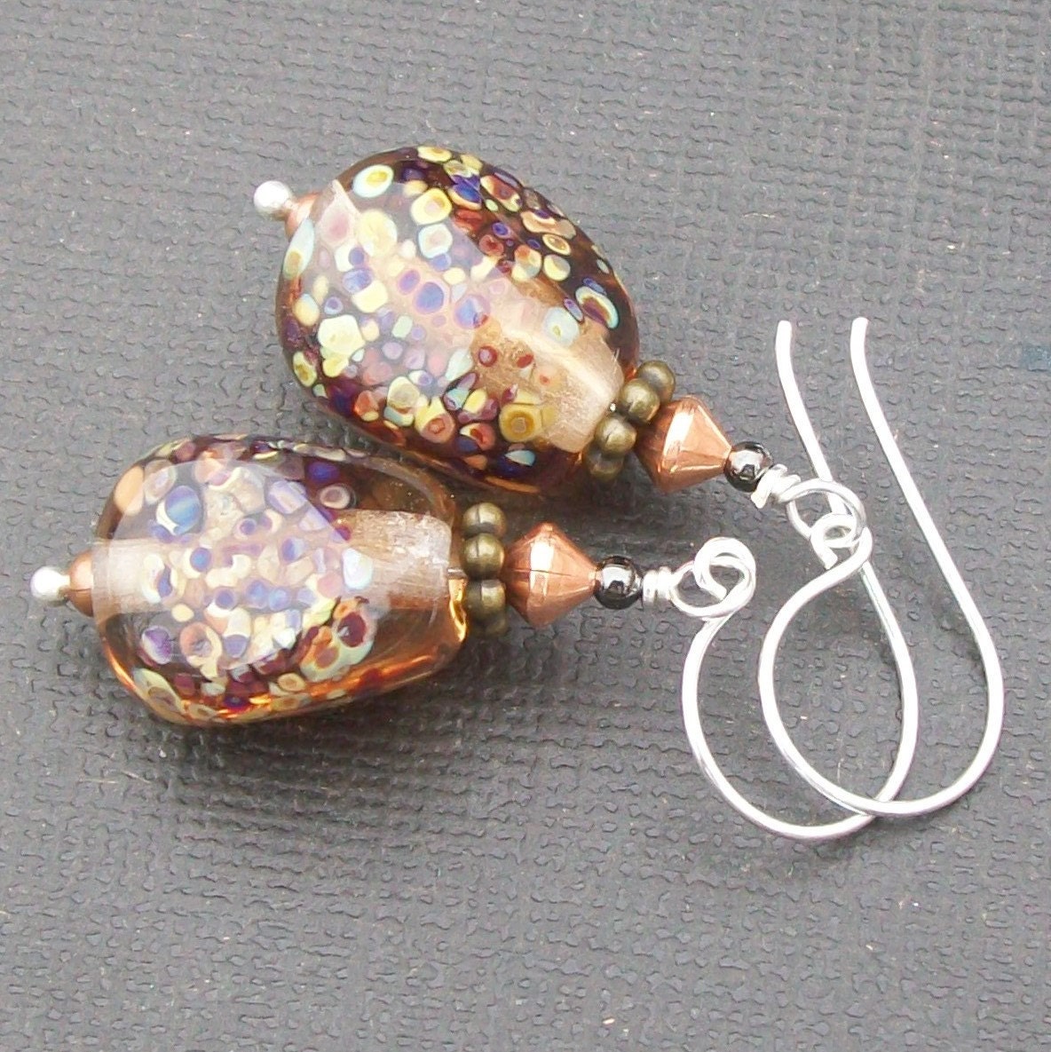 artisan lampwork earrings clear amber brown with raku frit organic nugget beads- raku nuggets