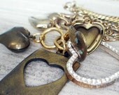 vintage heart necklace, charm cluster , gold, extra long