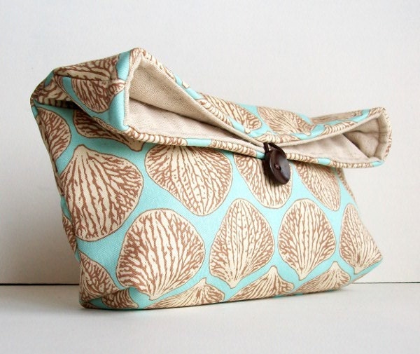 Makeup Bag, Blue and Tan Clutch Purse, Great for Travel, Beach Wedding Accessory, Gift Under 25