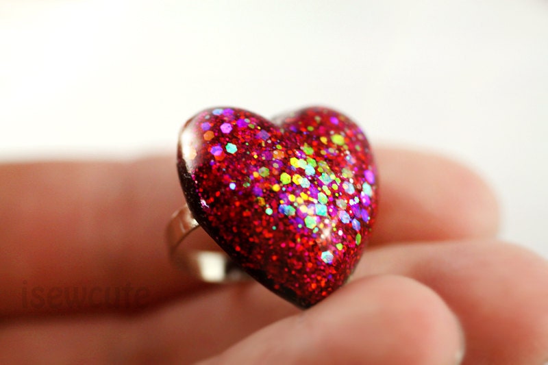 Valentine Sweetheart Jewelry Glittery Deep Red Resin Heart Ring With Rainbow Accents - Uniquely Handmade by isewcute