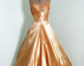 1950's Vintage Fred Perlberg Designer-Couture Gold Silk-Satin Strapless Shelf-Bust Bombshell Full Circle-Skirt Back-Bustle Party Dress Set