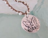 Handcrafted Silver Butterfly on Silk and Pearl Crochet Necklace