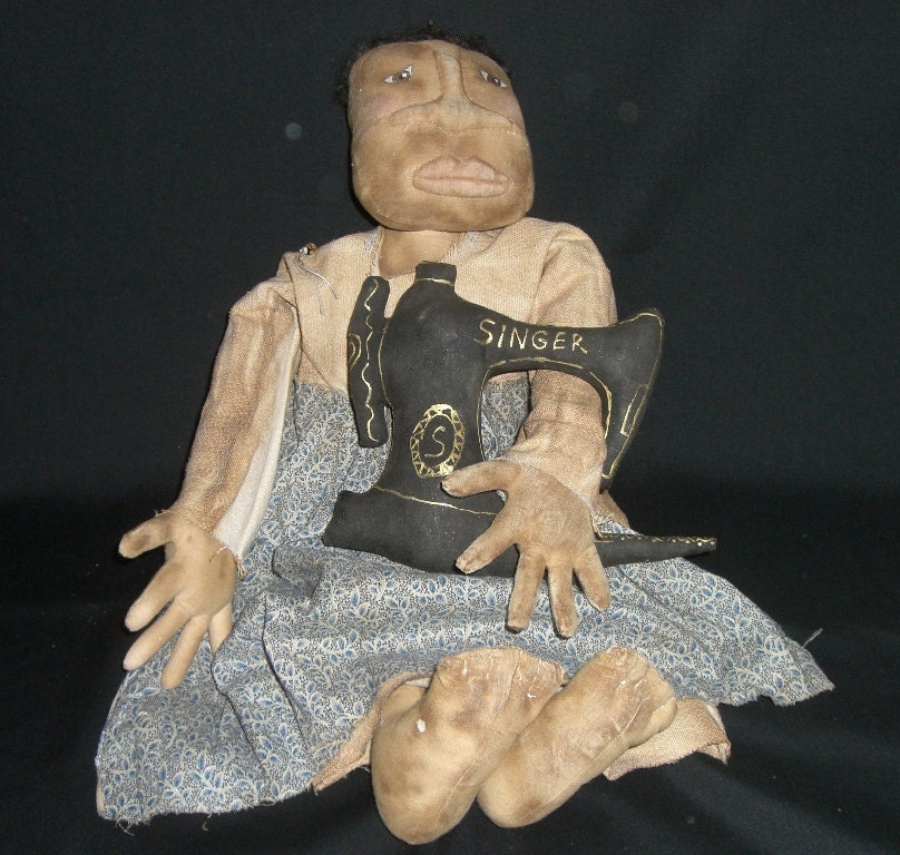 Handmade Primitive Black Doll - Jean Marie and Her Feather Weight