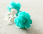 Teal Green Earrings, Roses Flowers, Shabby Chic