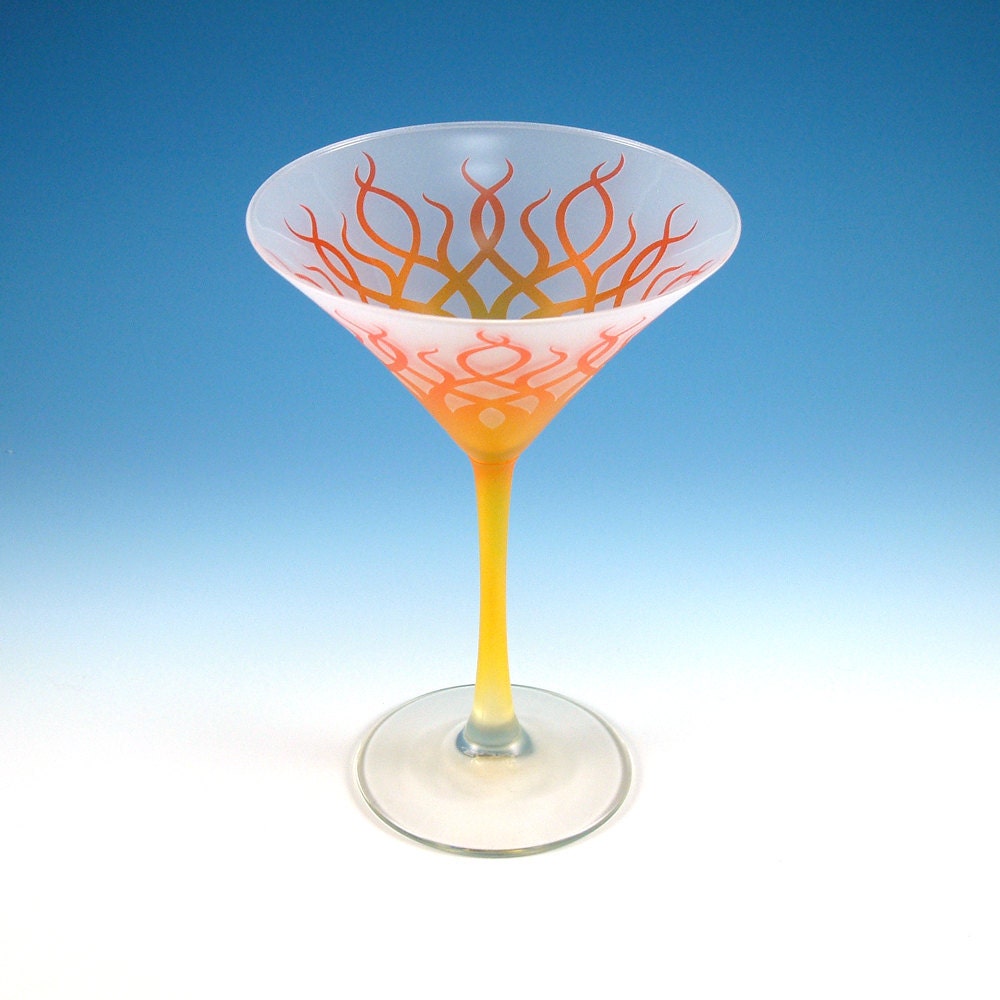 Frosted Martini Glass - Strands - Custom Painted - Orange and Yellow with Gold Metal Flake
