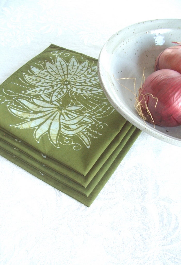 olive green napkin set. chrysanthemum print. made to order