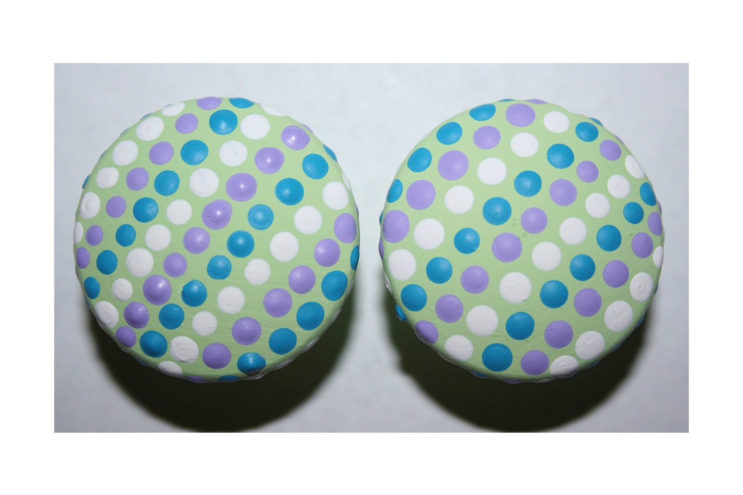 Green with Blue, Lavender Purple and White Polka Dot Dresser Drawer Knobs