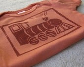 Train Engine Onesie, Hand dyed, Lino cut print - 0 to 3 Month Size
