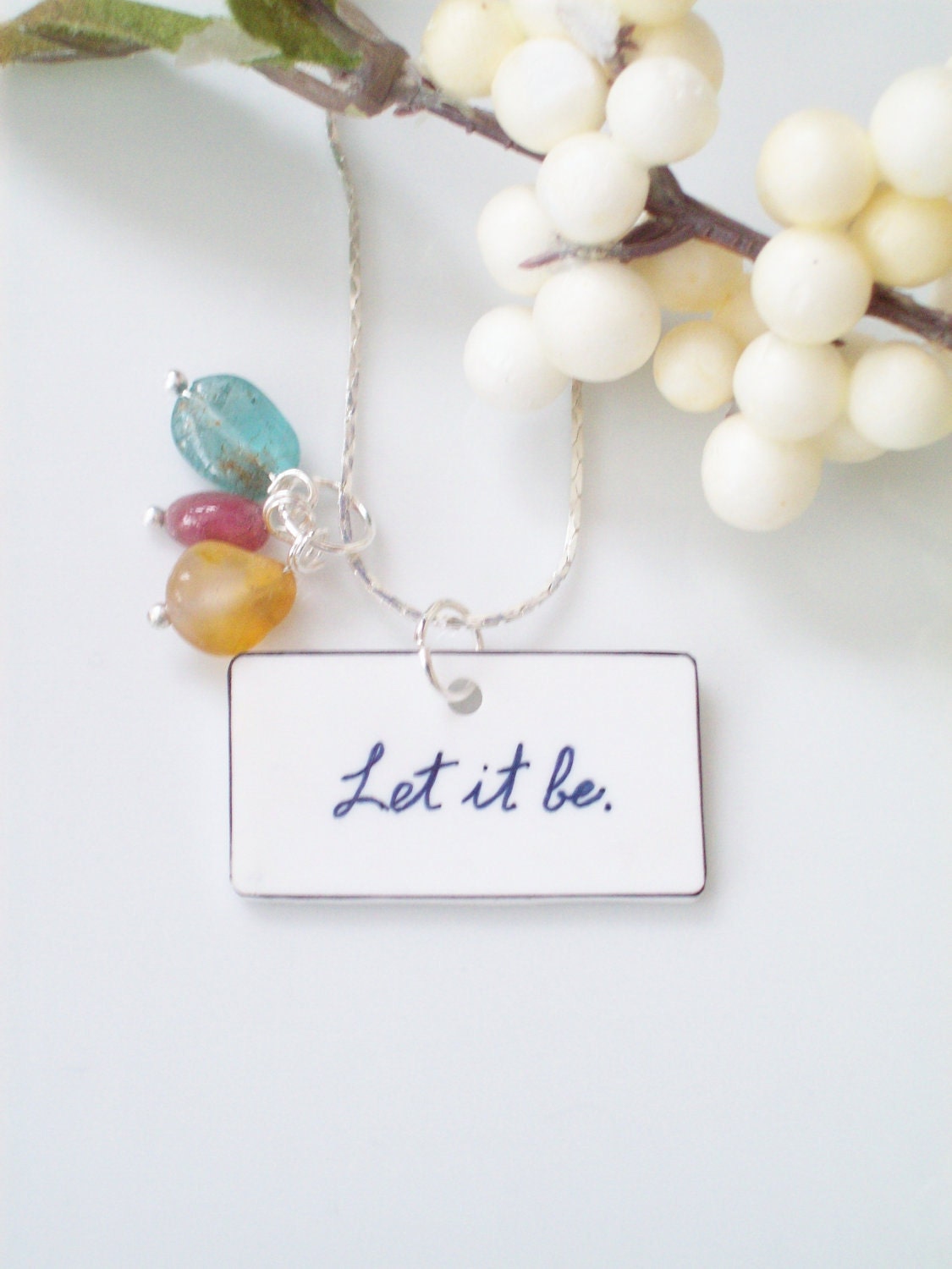 Handpainted Beatles inspired "Let it Be" Necklace, SALE on 20" silver chain, with natural gemstone charms, teal, red, yellow