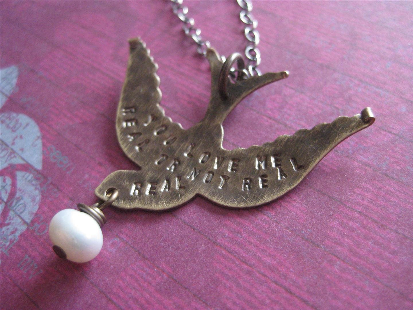 Real Or Not Real Hunger Games Inspired Hand Stamped Vintaj Brass And Sterling Silver Necklace