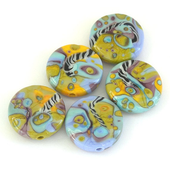 Polka - Handmade Lampwork Glass Bead Set, Straight-Sided Lentils (5) OOAK SRA