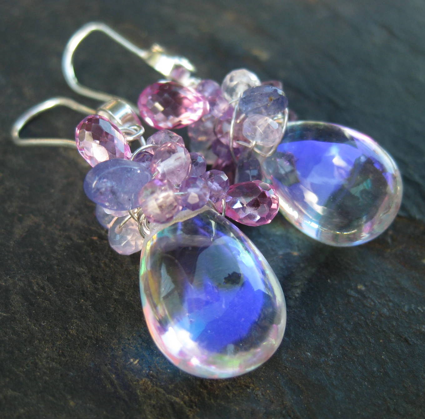 Rainbow quartz, tanzanite, pink topaz earrings --Glinda--
