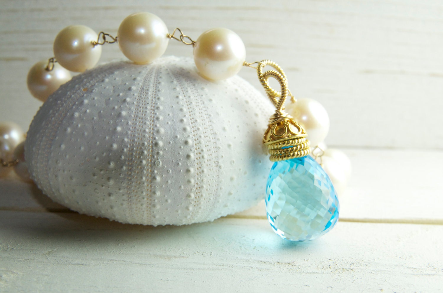 Sky Blue Topaz Gemstone, 13mm White Fresh Water Pearls, Statement Necklace, Bridal Necklace