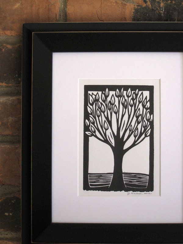 Tree, original hand pulled block print 4x6, black ink