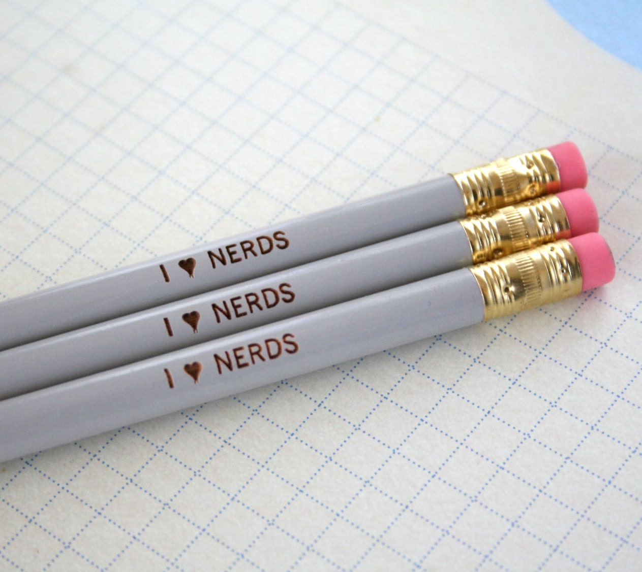 i heart nerds pencil set of three in grey. 'cause nerd love is awesome.