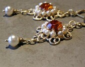 Earrings Vintage Rhinestones Brass Filligree Amber Glass and Pearl Beads