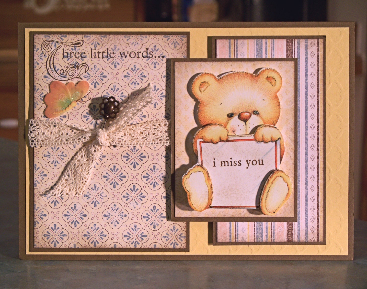I Miss You Card, Stampin Up Three Little Words, Decoupage Teddy Bear