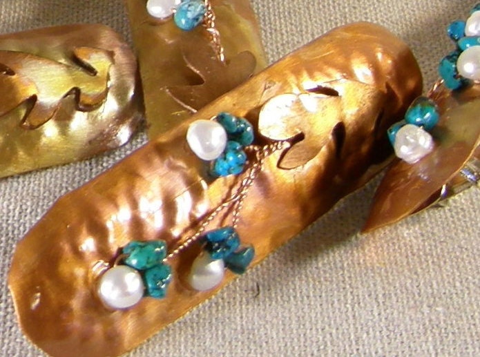 Large Barrette with Freshwater Pearls and Turquoise Copper Jewelry - meadowlandsjewelry