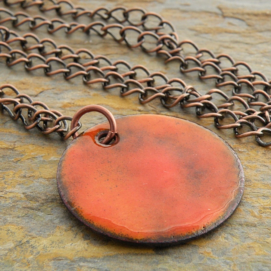 Orange Enamel Pendant Necklace, White Reversible