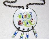 Vintage boho tribal chic psychedelic white enamel copper pendant