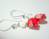 White Roses and Red Day of the Dead Sugar Skull Earrings