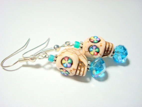 Ivory and Turquoise Rainbow Flowers Day of the Dead Sugar Skull Earrings