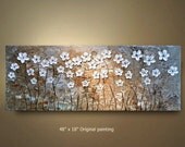 ORIGINAL 48x18 White Flower Abstract Painting turquoise tan Floral Impasto Landscape Artwork Textured Modern Contemporary art by OTO