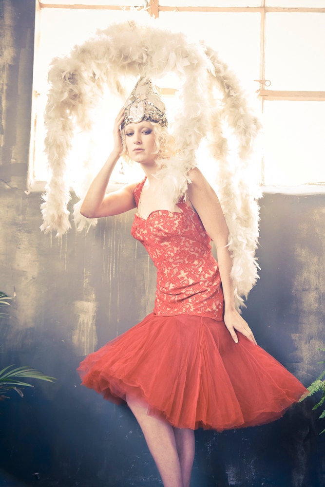 Vintage Red Tulle and Lace Showgirl Dress