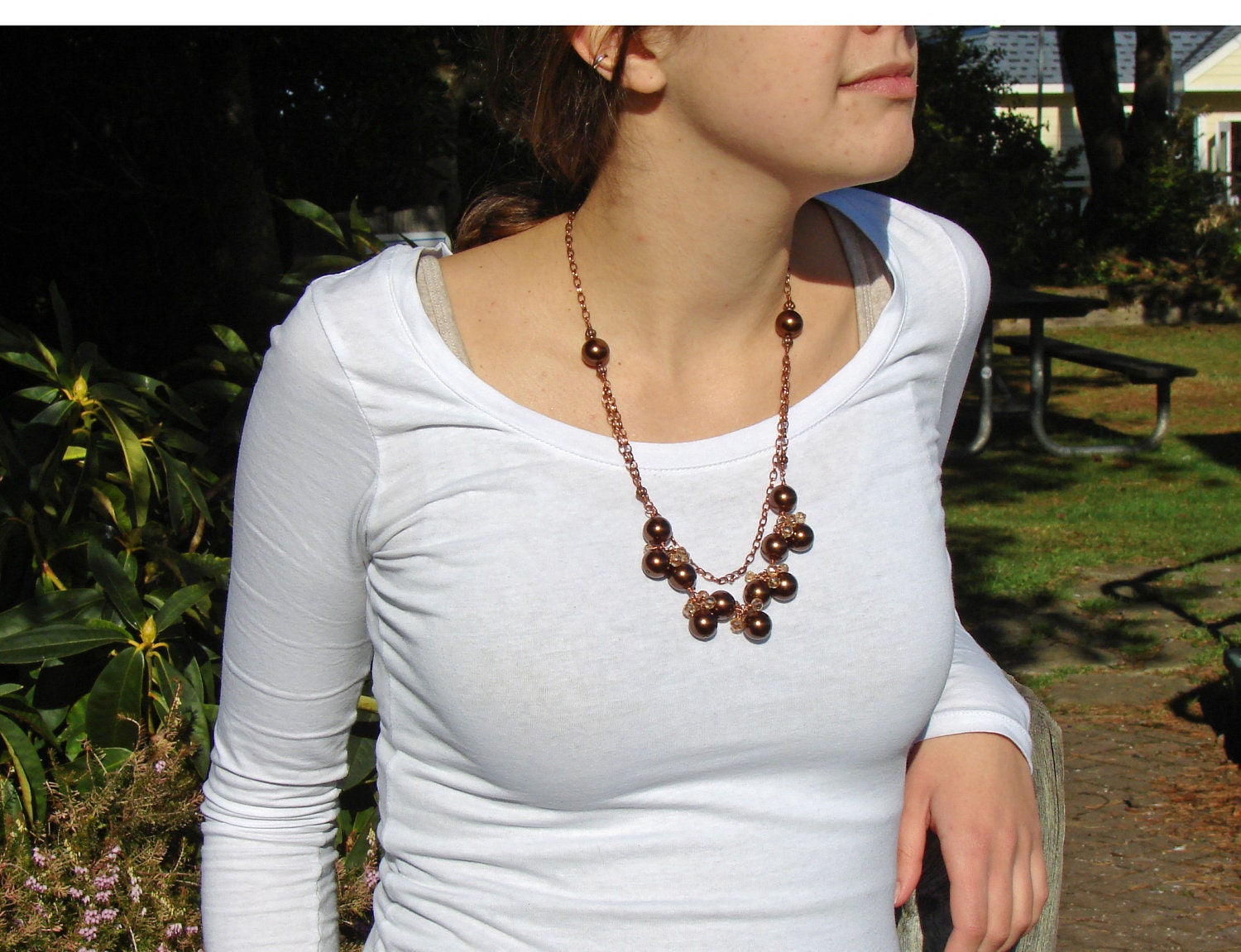 Chocolate Brown  pearl necklace with copper chain