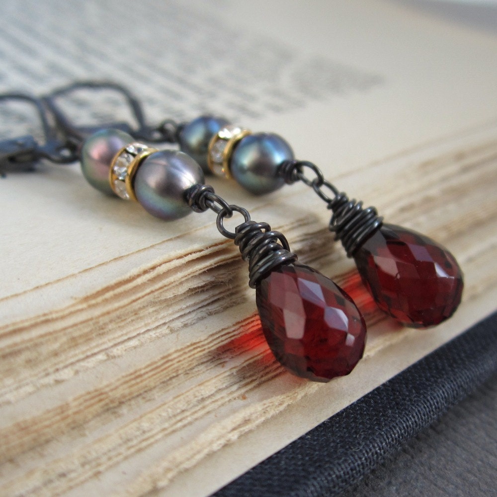 Red earrings, deep red garnets, gray freshwater pearl earrings, oxidized sterling silver, gold rhinestone accents