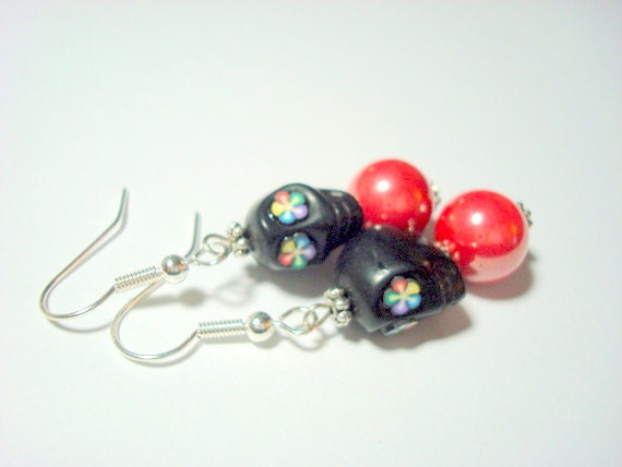 Black and Red Rainbow Flower Eyes Day of the Dead Sugar Skull Earrings