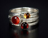 Stacking Gemstone Rings - Hammered Silver, Garnet and Citrine, Set of 5 - FREE shipping