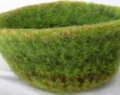 Felted bowl, thick, fuzzy, green, brown, subtle stripes, soft.
