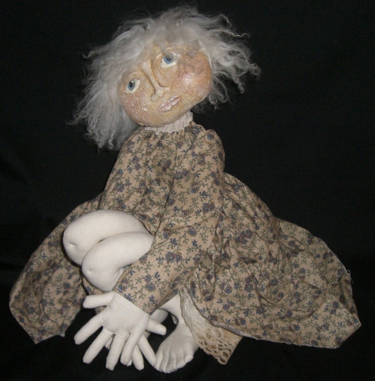 Handmade Primitive Folk Art Doll -  Towhead  Sitting OOAK Doll