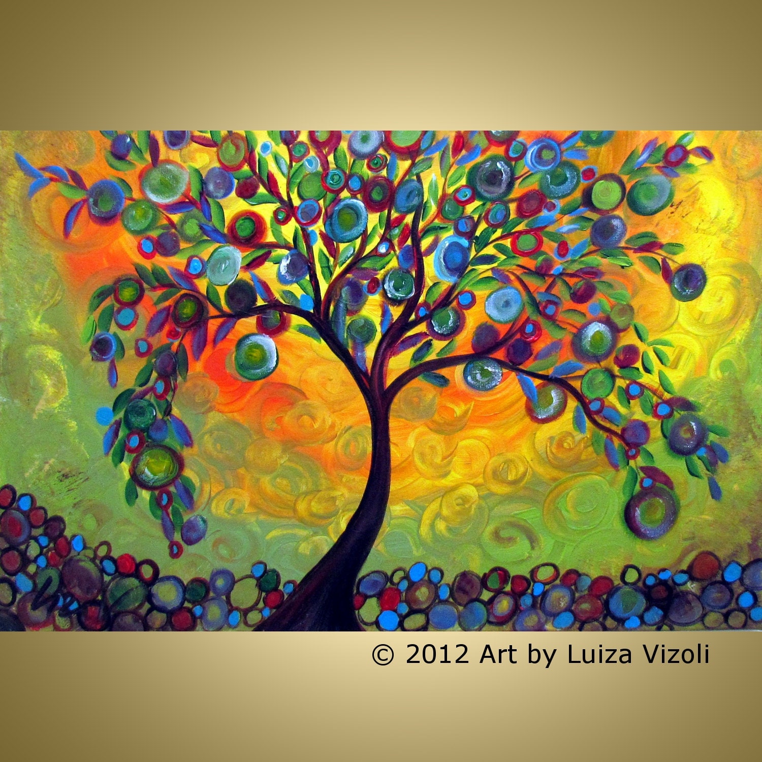 Original Modern Abstract OLIVE Tree Landscape Whimsical Acrylic Painting on Gallery canvas-MANZANILLA TREE-Little Apples