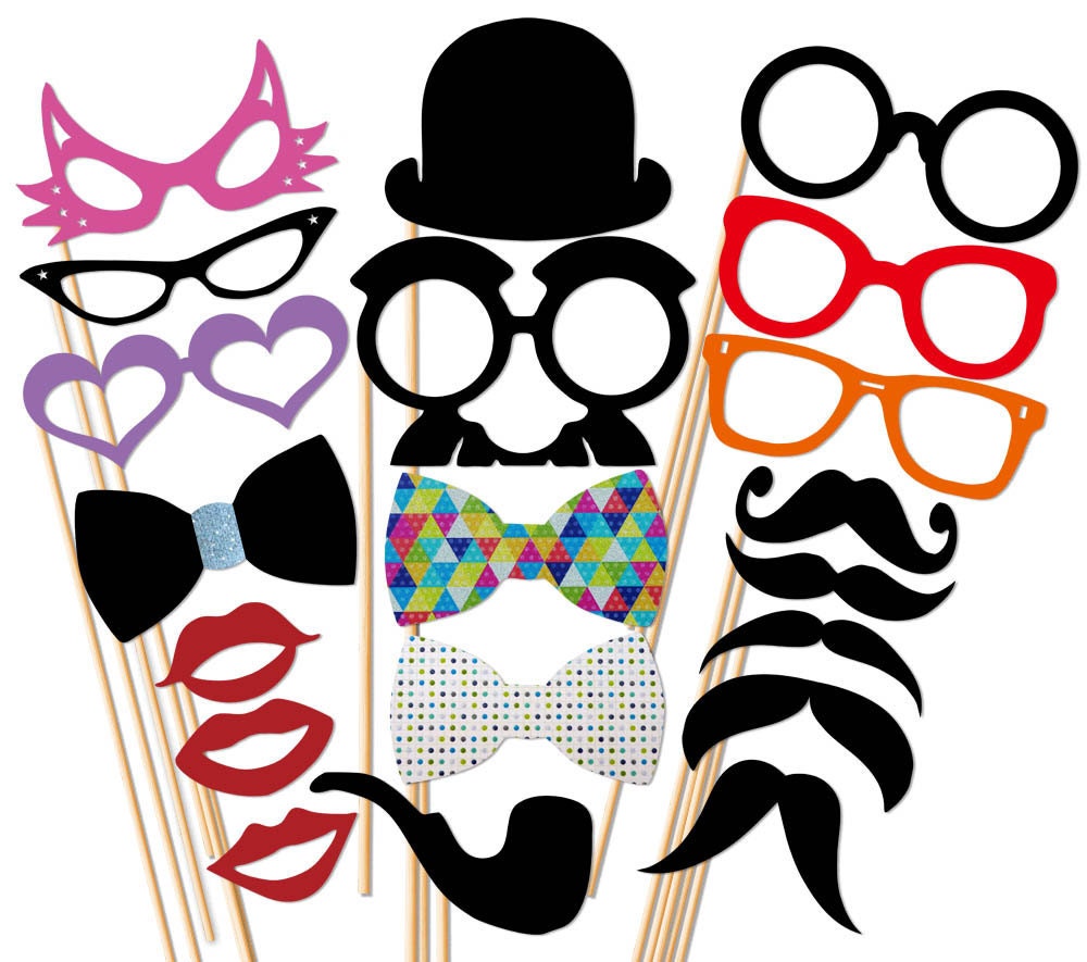 Best Wedding Photo Booth Prop - 20 Piece GLITTER Set  - Mustache Glasses Lip Hat Bow Tie - PartyGoodies