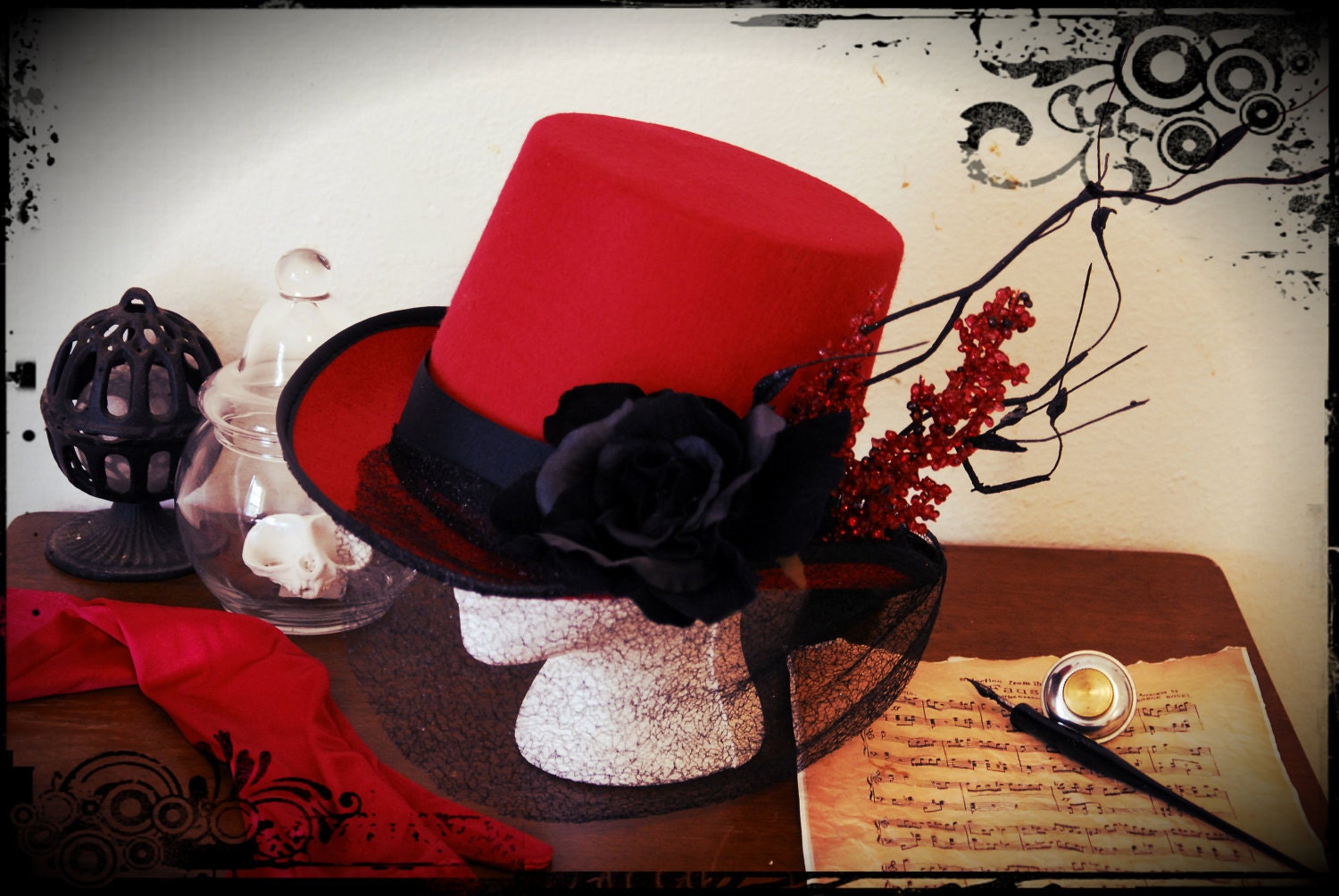 Burlesque Victorian Red Top Hat Moulin Rouge-style