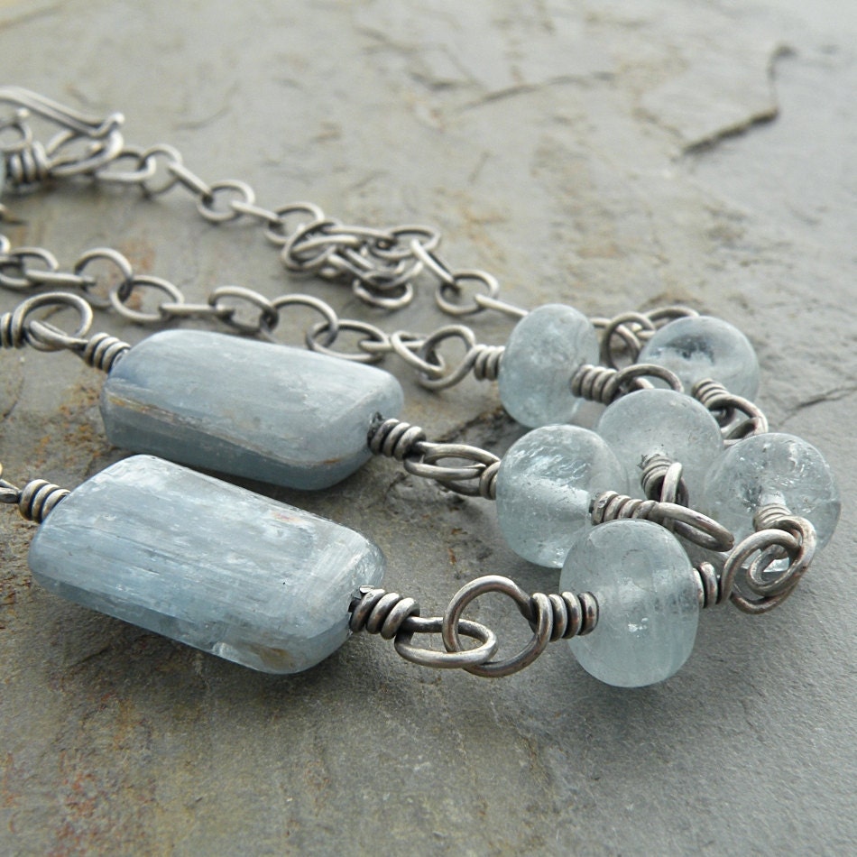 Pastel Blue Necklace, Aquamarine, Kyanite, Gemstones, Springtime, Sterling Silver, Wire Wrapped, Oxidized