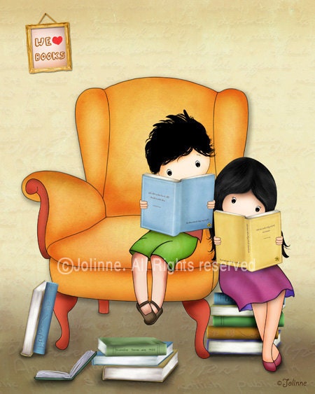 Children art print , Twins brother sister , read books illustration reproduction wall art , archival , open edition