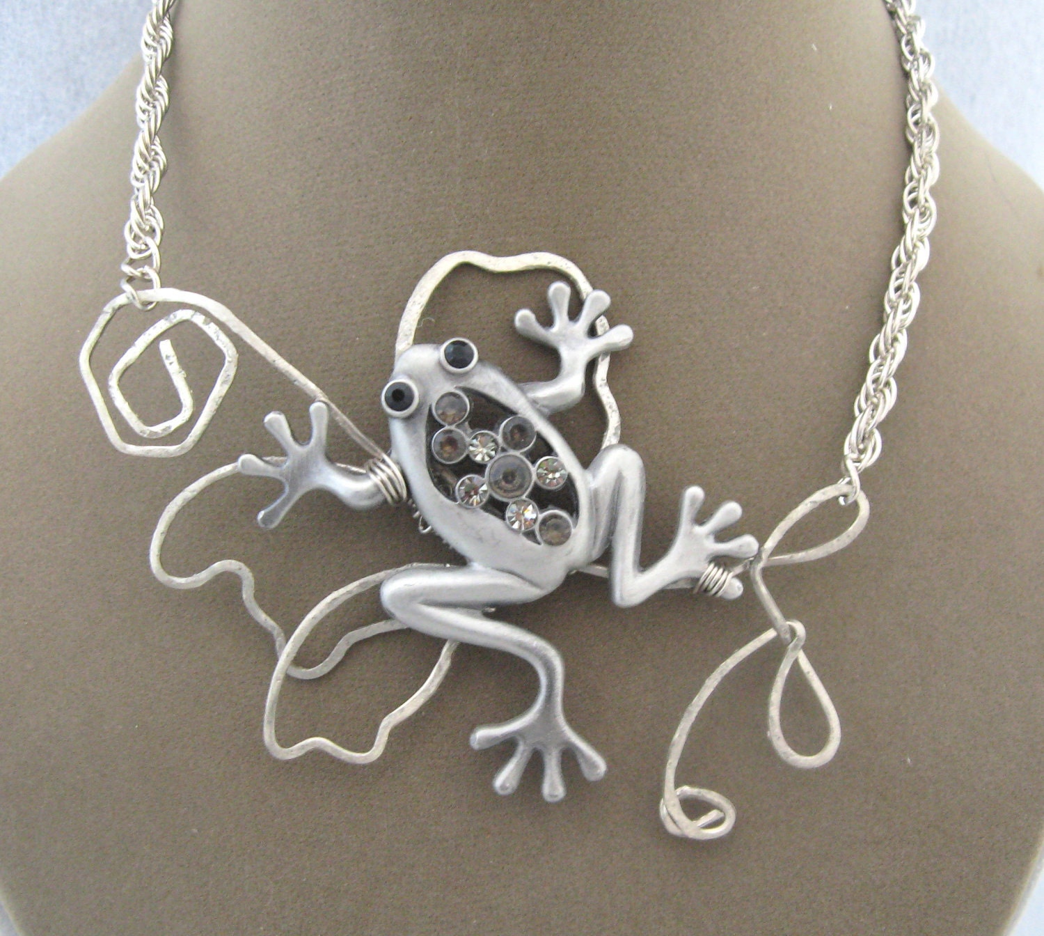 Large Silver Frog Wire Wrapped Necklace