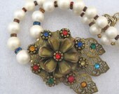 Multi Color Rhinestone Pendant Necklace Vintage Altered Art