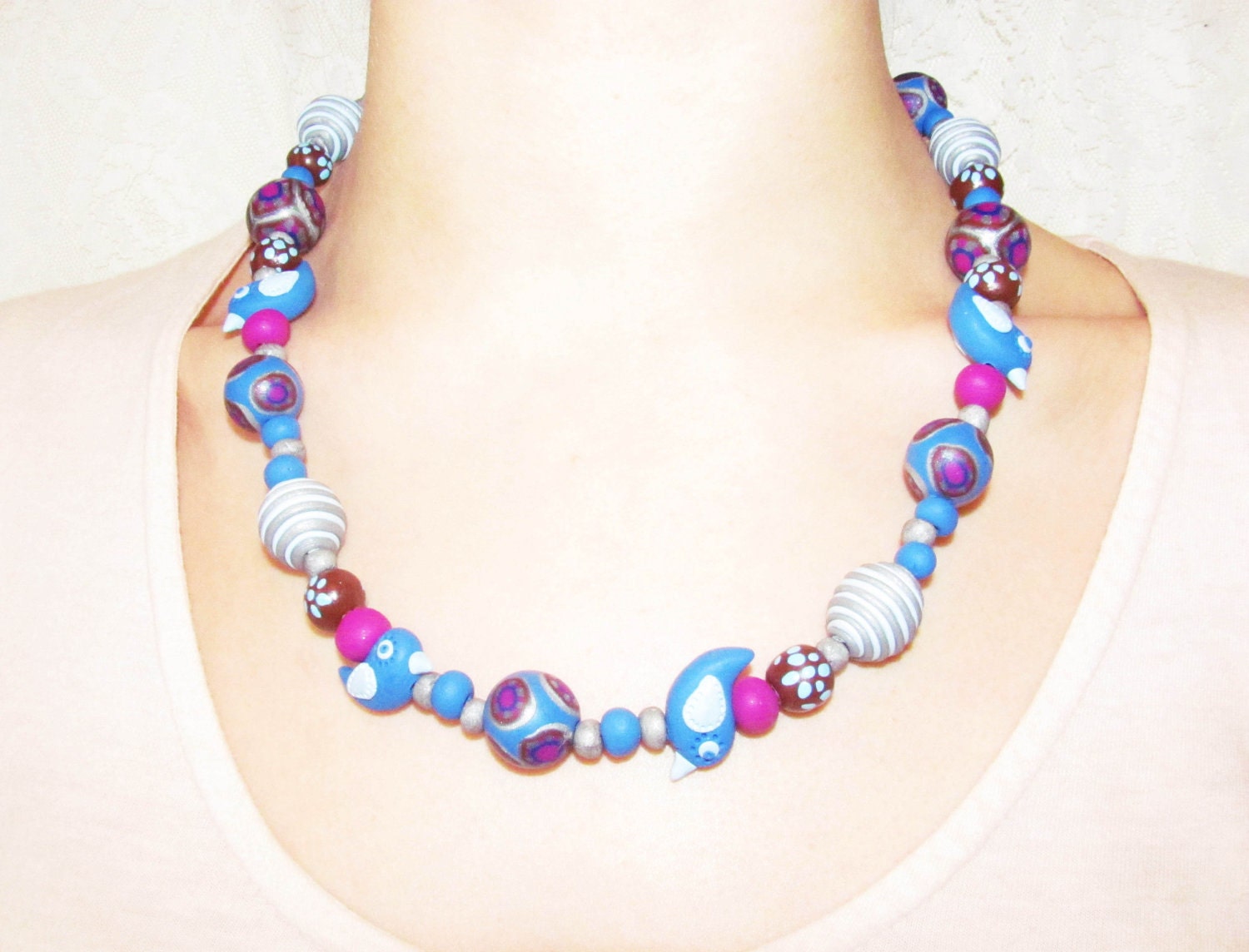 Blue birds necklace from polymer clay, unique design.